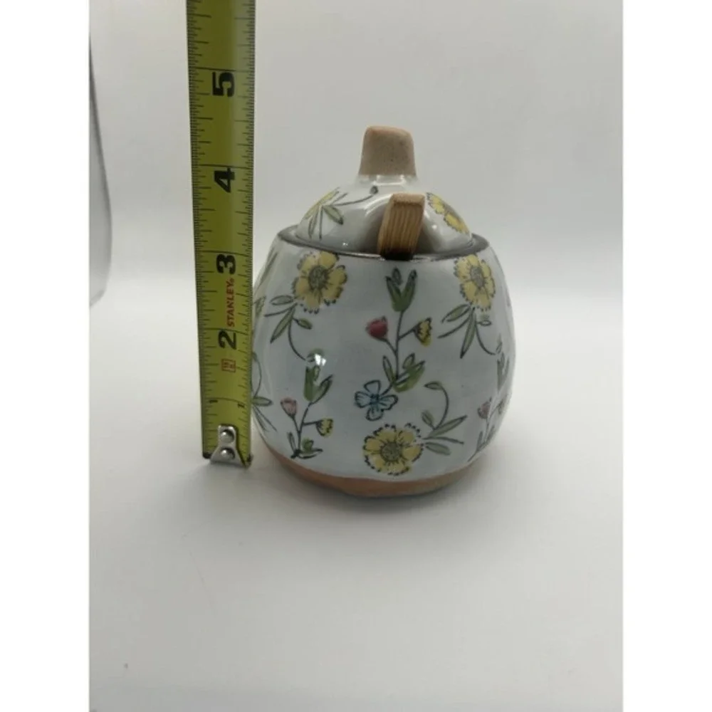 Creative Co-Op Hand Painted Spoon‎ & Lid Stoneware Sugar Pot Flower Design